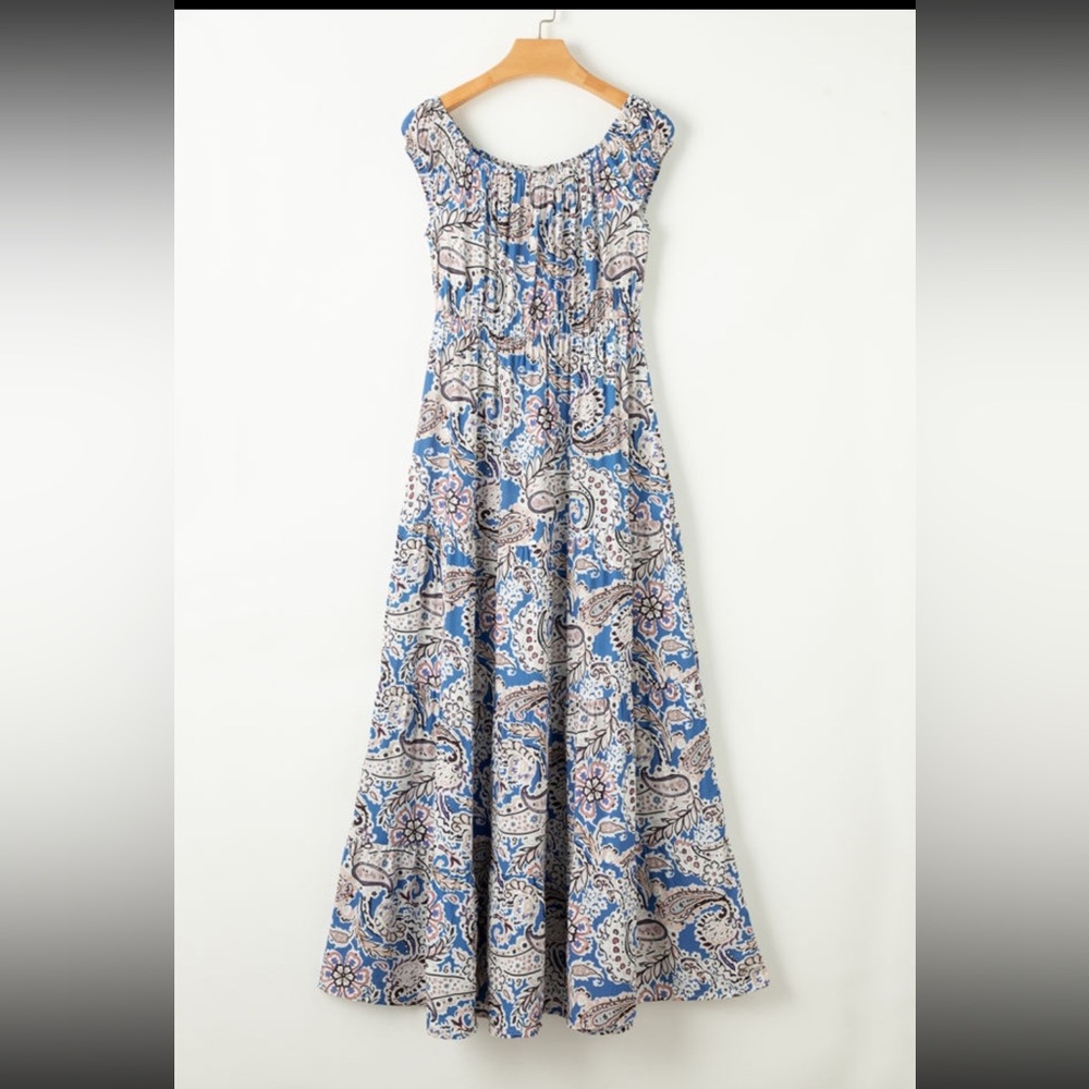 Blue Boho Print Off Shoulder Maxi Dress